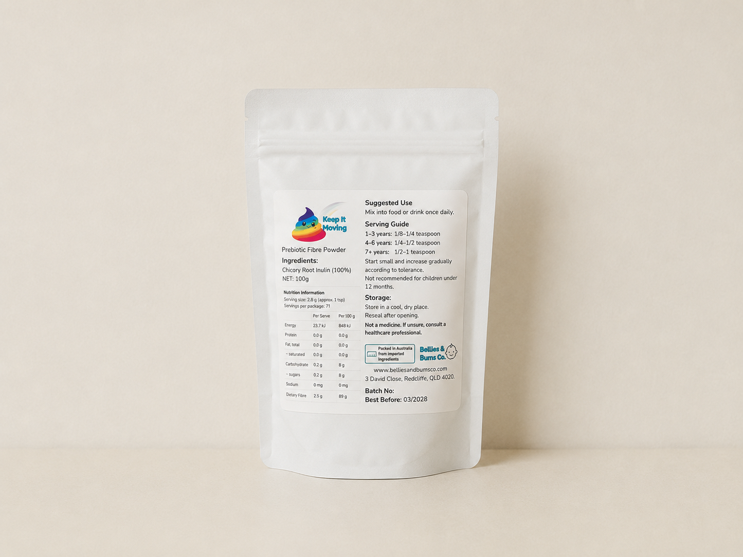 A white stand-up pouch of Keep It Moving Prebiotic Fibre with a detailed nutrition and serving suggestion label, photographed against a neutral beige background.
