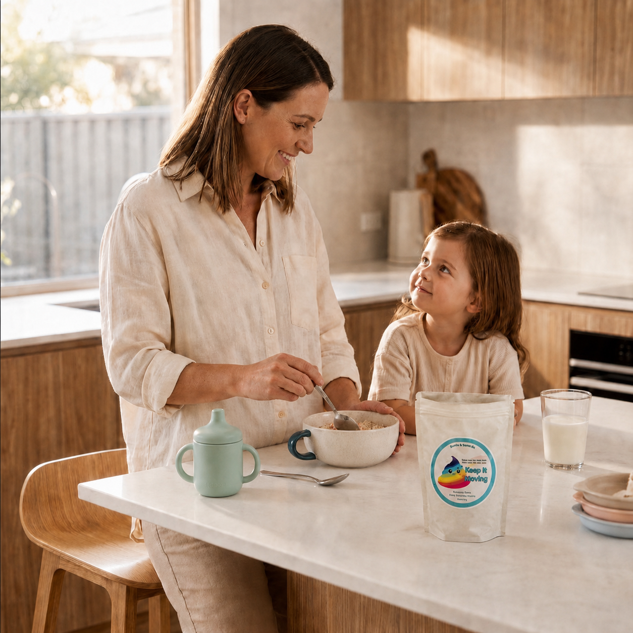 A woman and a child in matching cream-colored linen outfits are sitting at a kitchen island, smiling and interacting. In the foreground, a white stand-up pouch of Keep It Moving Prebiotic Fibre.