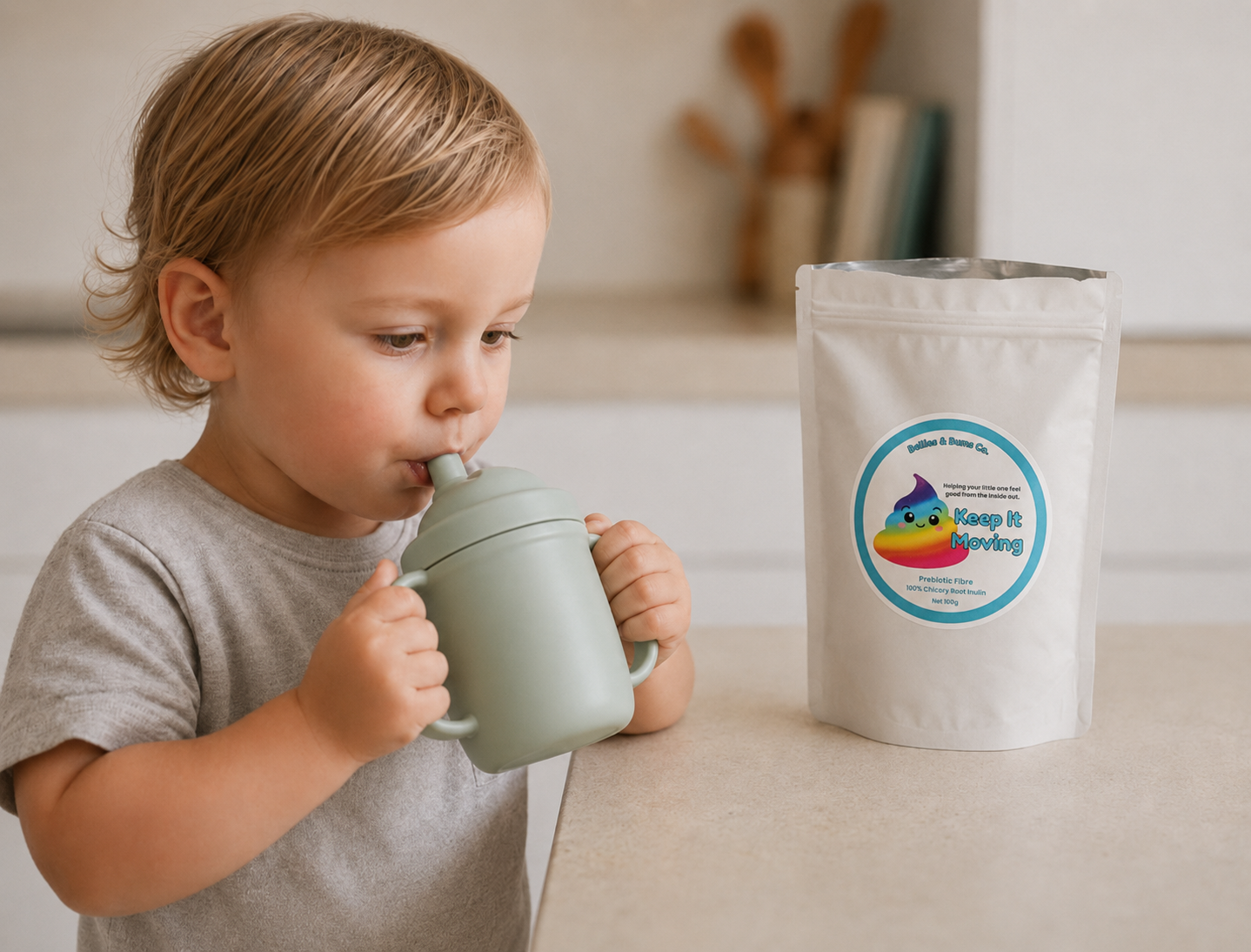A toddler wearing a grey t-shirt drinks from a sage green silicone sippy cup with a straw. To the right of the child on a light countertop is a white stand-up pouch of Keep It Moving Prebiotic Fibre.